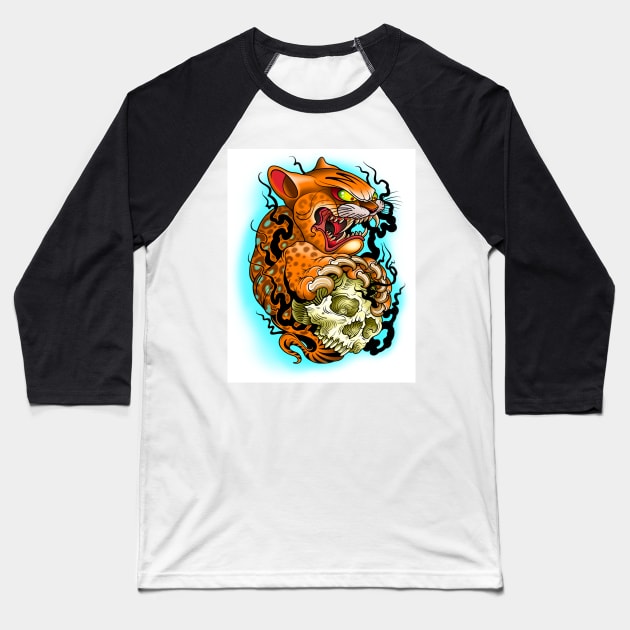 Cat and Smoking Skull Baseball T-Shirt by Constattoo